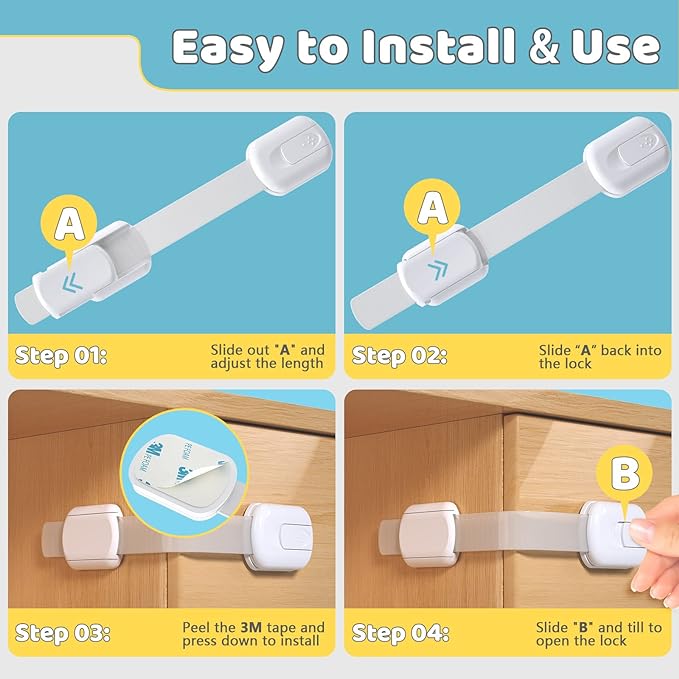 4our Kiddies Child Safety Cabinet Locks for Babies (6 Pack), Child Proof Latches for Cabinets and Drawers Doors, Baby Proofing Cabinet Strap Locks for Cupboard and Closet with 6 Pcs Extra 3M Adhesives