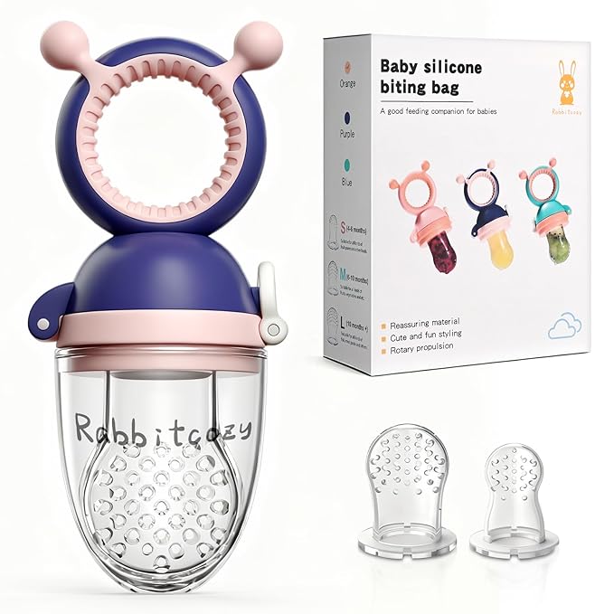 Baby Fruit Food Feeder Pacifier with 3 Different Size Silicone Pouch,Teethers for Babies 6-12Months, Baby Solid Food Essentials, Push Pop Silicone Feeder, Nutrition Feeder, 1 Pice, Purple