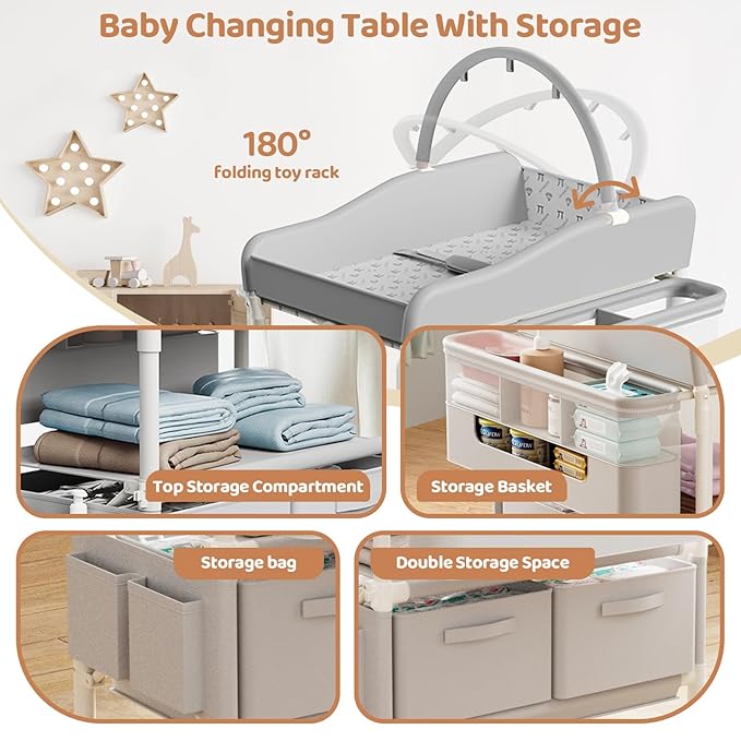 Baby Changing Table, Versatile Folding Changing Table with 2 Drawers, Portable Baby Diaper Changing Station with Toy Holder, Adjustable Height (39.7" to 42.9") Mobile Nursery Diaper and Newborn