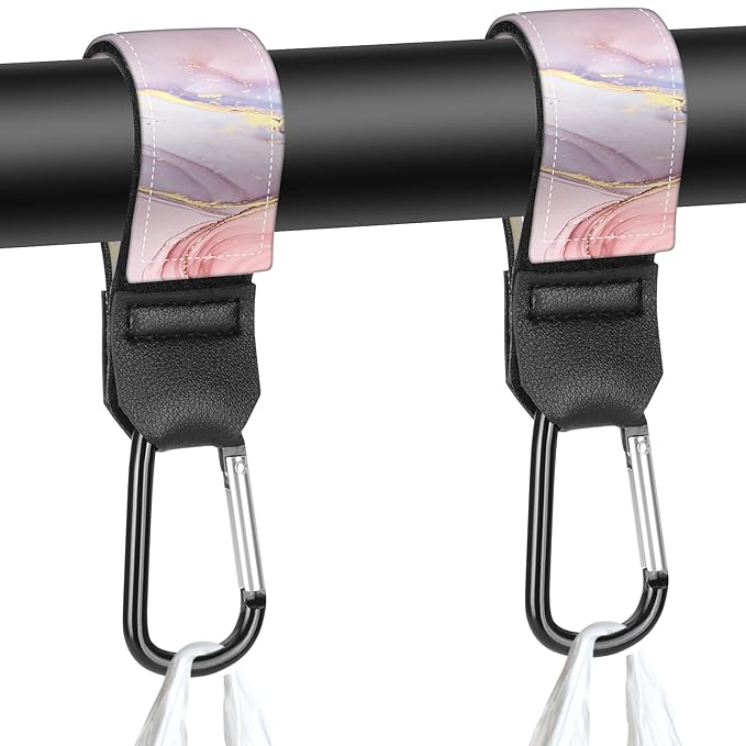 Stroller Straps, Mommy Hooks Diaper Bags, Universal Shopping cart, Wallet, Backpack - 2 Packs (Pink Marble)