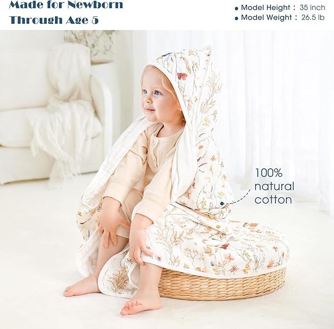 GRSSDER Ultra Soft Absorbent Muslin Cotton Baby Hooded Towel 2 Pack with Original Patterns, Extra Large Size 35"x 35" Swaddle Wrap for Newborn Infant and Toddler
