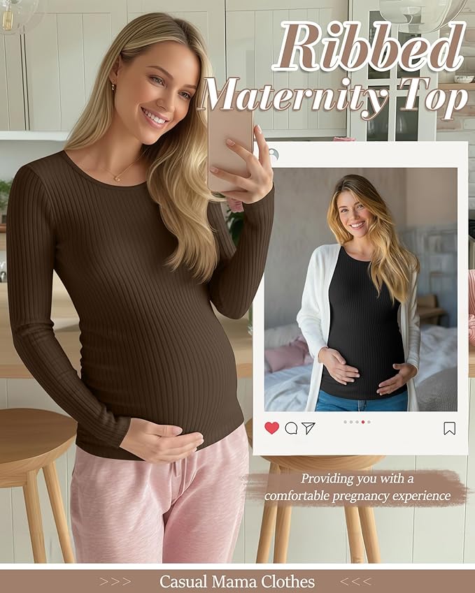 Huukeay 4 Pack Women's Maternity Shirts, Long Sleeve Cotton Ribbed Pregnancy Tops Side Ruched Crew Neck Casual Mama Clothes
