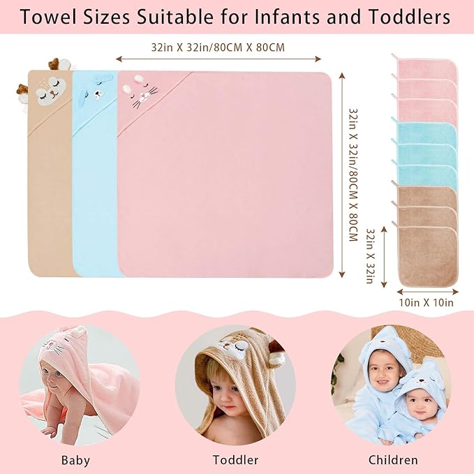 12 PCS Baby Bath Towels Set, 3 PCS Hooded Baby Towels & 9 PCS Washcloths, 32x32 Inches Ultra Absorbent Cute Soft Newborn Essentials Gift for Boys & Girls (Pink + Brown + Blue)