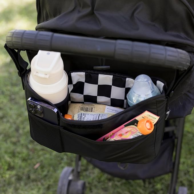Tiny Twinkle Universal Stroller Organizer with Adjustable Strap | Waterproof Stroller Caddy Fits Baby Jogger, Nuna, Donna and Bugaboo Strollers (Black Checkers)