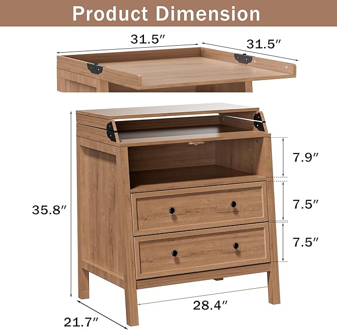 UbabyNest Baby Changing Table with Foldable Tabletop, Baby Dresser with 2 Wide Drawers & Open Storage Space, Modern Diaper Changing Station, Perfect for Nursery, Natural Wood (Pad Not Included)