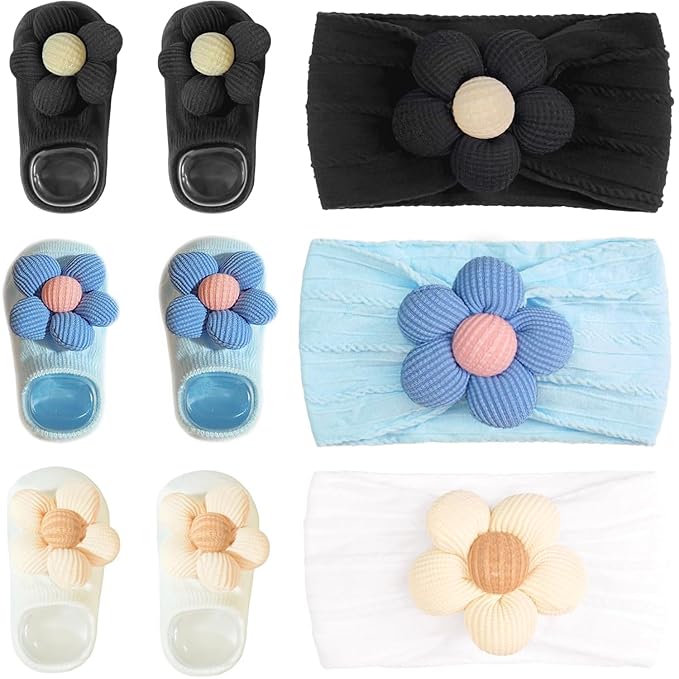 CÉLLOT Baby Girl Headband and Socks, Non-Slip Floral Socks and Soft Floral Nylon Hairbands for Babies Infants and Toddlers(White,Blue,Black)