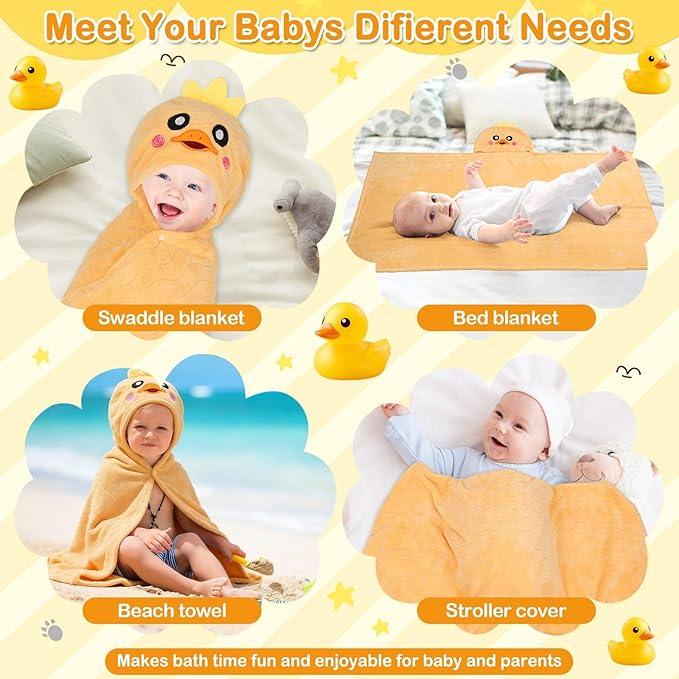 4 Pcs Toddler Bath Towel Set, 1 Pc Toddler Hooded Towel & 3 Pcs Baby Washcloths, Large 27.5"X55" Hooded Towels Kids, Absorbent Soft Thick Toddler Towels for Boy Girl 0-5 Year (Yellow Duck)