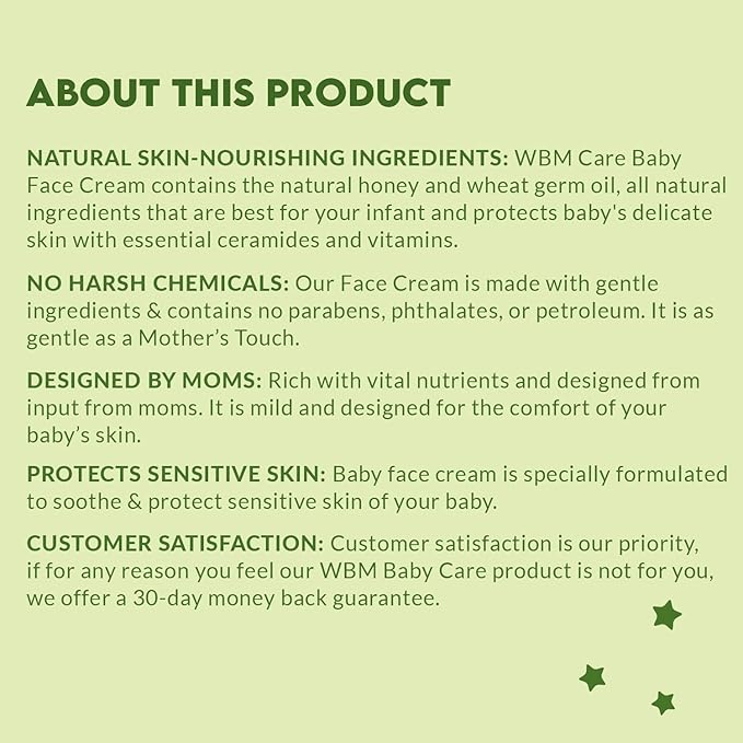 WBM Care Baby Face Cream | Non-Greasy & Fragrance-Free, 100% Natural, Moisturizing Face Cream, Plant-Based Formula, Perfect for Your Baby's Delicate Skin, 1.76 oz.