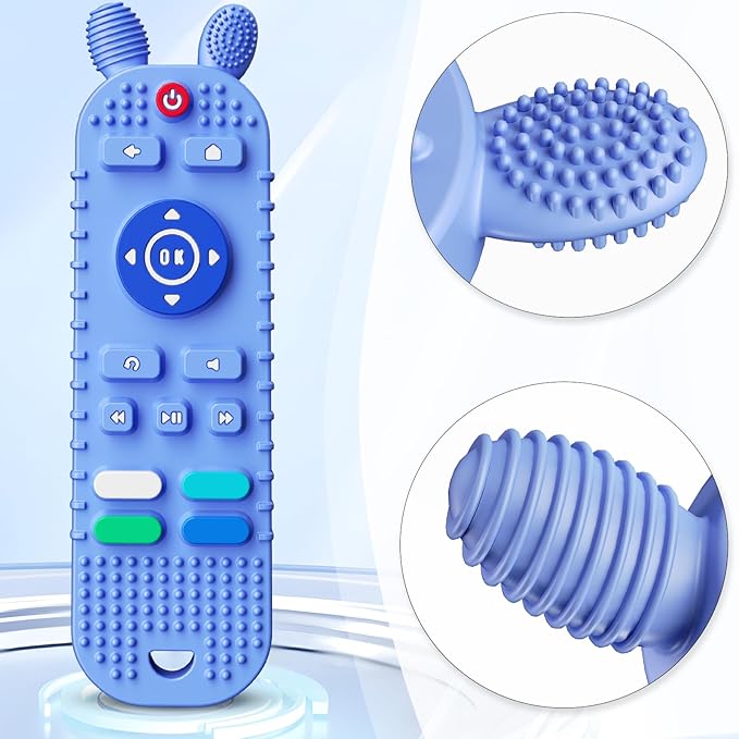 TV Remote Control Shape Baby Teething Toys and Phone Shape Teether Toys for Babies 6-12 Months, Soft Flexible Silicone Chew Toys for Baby - Black Blue