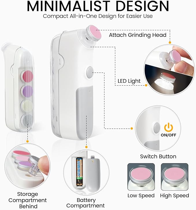 IvyWind Baby Nail File Electric, 5 in 1 Universal Baby Nail Trimmer with LED Light, Automatic Safety Baby Nail Clippers for Infants Newborn Toddler Kids Adults, 2 Speeds, Simple Operation, Gray