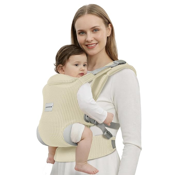 Baby Carrier Newborn to Toddler, Easy Adjustable Toddler Carrier for 7-30lbs, Baby Holder Wrap Carrier, Breathable Mesh Fabric Infant Kangaroo Hip Carriers with Lumbar Support, Beige