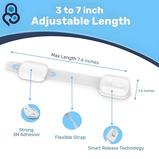 3M Adhesive Child Safety Strap Locks by Baby Proof Me, Baby Latches for Cabinets, Dishwashers, Fridges, Ovens and Trash Cans, Stain Free Toilet Lock (6 Safety Latches)