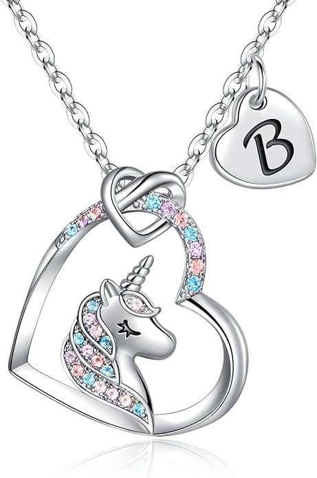 Hidepoo Valentines Gifts for Kids Girls - Unicorn Necklace Gifts for Teen Girls Kid, Colorful CZ Heart Pendant Initial Unicorn Necklaces for Girl Jewelry Birthday Gift for Girl Kid