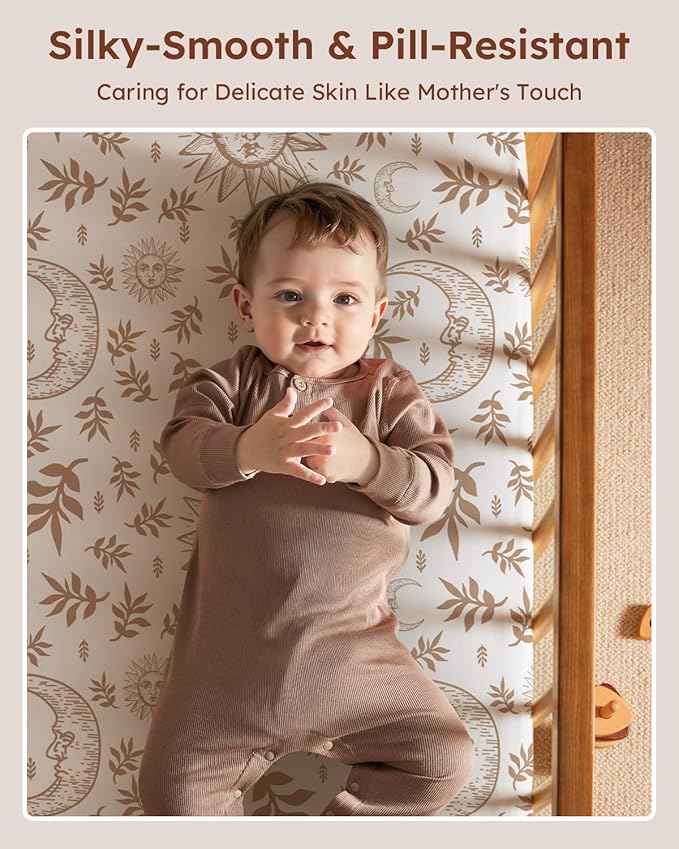 Pack and Play Sheets Fitted 3 Pack, Mini Crib Sheets for Pack N Play Mattress Stretchy Portable Playard Sheets, Soft Breathable White Brown Sun God