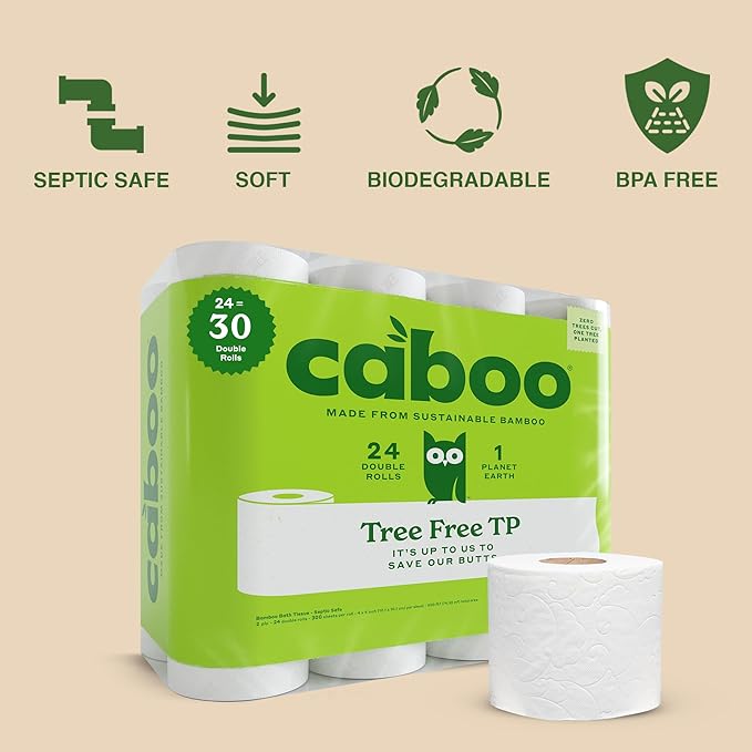 Caboo Tree Free Toilet Paper | Septic Safe, Eco Friendly, Chemical Free, Non Toxic | 2 Ply Toilet Tissue, Pack of 24 Double Rolls, 300 Sheets Per Roll