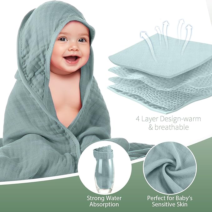 Preboun 4 Pcs Muslin Hooded Baby Towels,32"x 32" Cotton Newborn Bath Towel Muslin Infant Baby Blankets Absorbent Unisex Newborn Registry Gift for Girls Boys(Green Series)
