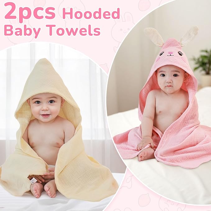 Unicorn Castle Hooded Baby Towels 2Pack 100% Muslin Baby Bath Towels for Newborn Animal Design Ultra-Soft Baby Girl Boy Bath Essentials 30 X 30 Inch, Pink Rabbit- Beige