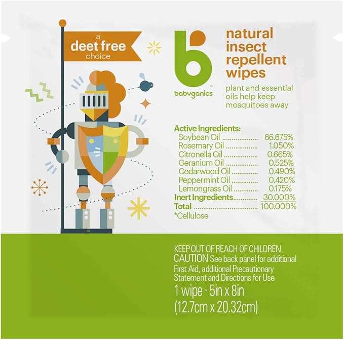 Babyganics DEET Free Travel Size Insect Repellant Wipes | 30 Wipes (2 Packs of 15)