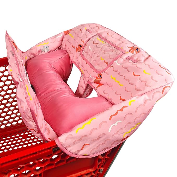 Love&go Soft Pillow Attached 2-in-1 Shopping Cart and High Chair Cover for Baby, Cotton Padded Cart Cover, Fold'n Roll Style, Portable with Carry Bag (Pink Fish)
