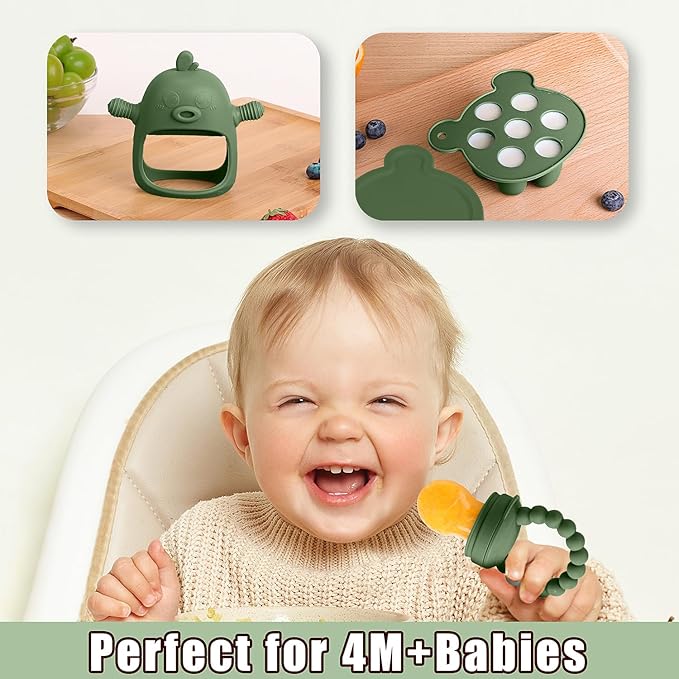 Baby Fruit Food Feeder Breastmilk Popsicle Molds for Teething Relief - 3 Pack Feeding Sets -1 Freezer Tray with Lid & 1 Teether & 1 Silicone Pacifier + 3 Extra Sizes Infant Feed Mesh (Olive Green)