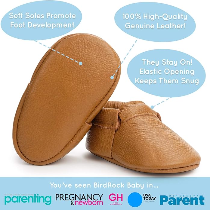 BirdRock Baby Fringeless Moccasins - Genuine Leather Boys and Girls Shoes for Newborns, Infants, Babies, Toddlers