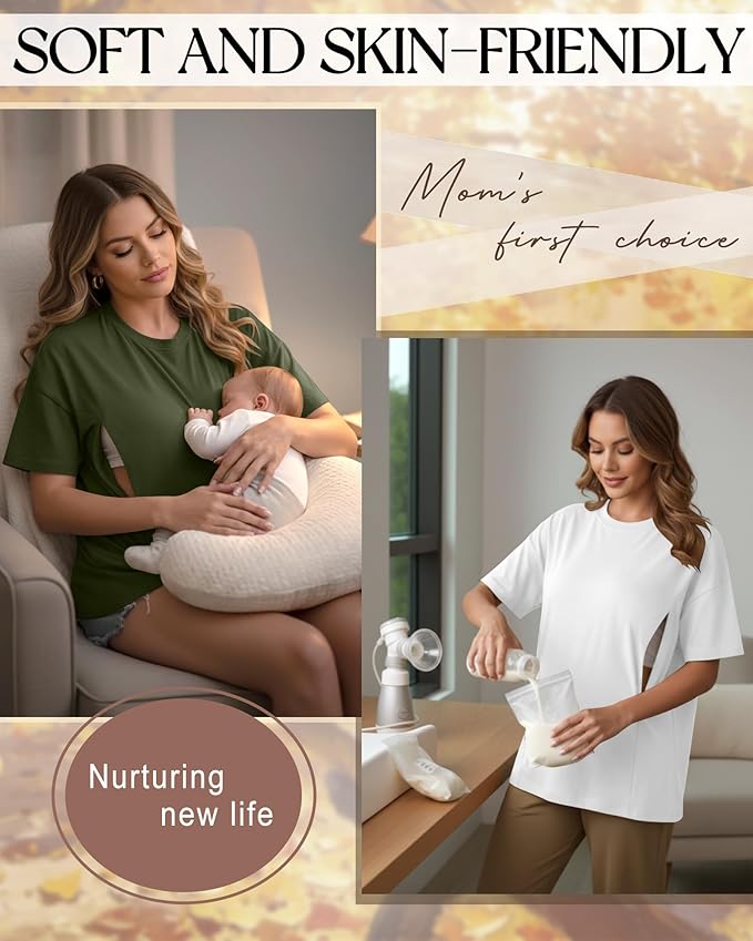 3 Pack Women's Oversize Nursing Breastfeeding Shirts Hidden Zipper Short Sleeve Loose Fit Maternity Tops