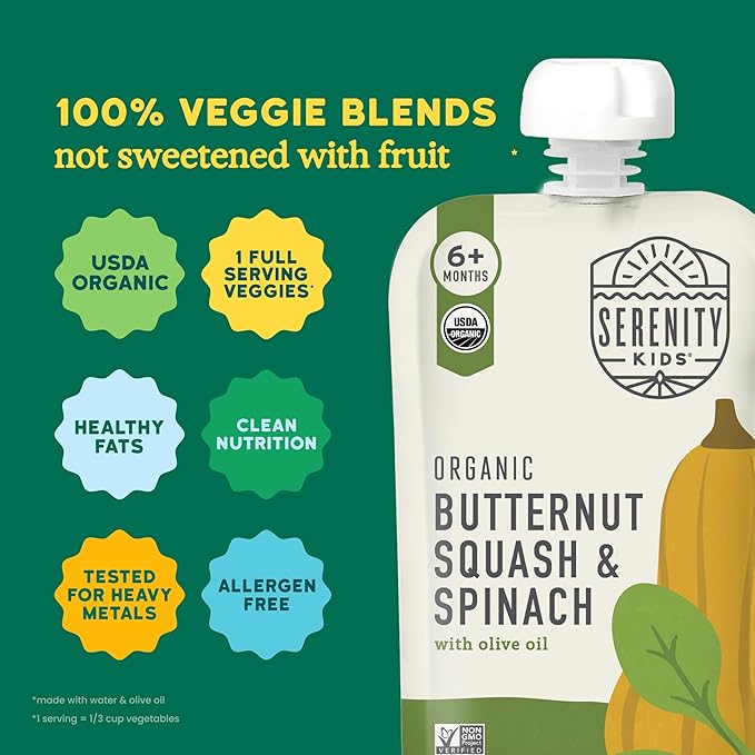 Serenity Kids 6+ Months Veggie Puree Baby Food Pouches - USDA Organic BPA-Free Allergen-Free Pouches - No Added Sugar Toddler Snack - Spinach & Squash Baby Puree - 3.5 Oz, Pack of 6