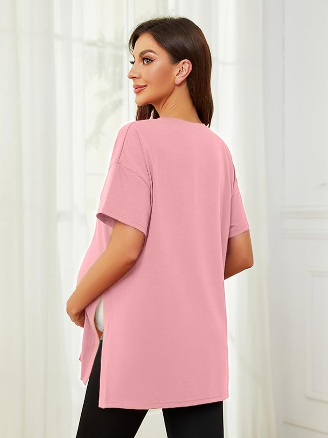 Ecavus Women's Casual Maternity Shirts Split Side Pregnancy Tops Blouses Short Sleeve Loose Fit Maternity Clothes