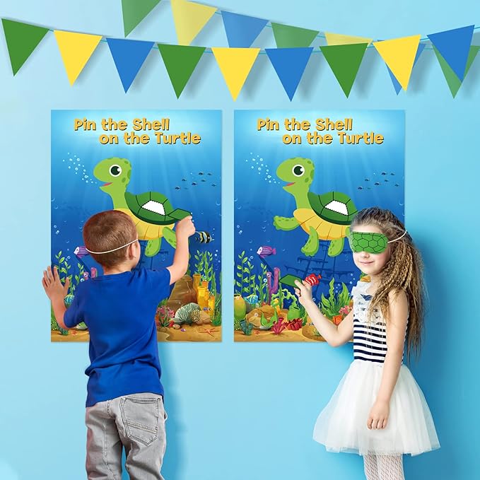 NEBURORA 2 Pack Pin The Shell on The Turtle Party Game 2 Large 21"x 28" Posters with 48pcs Stickers Ocean-Themed Birthday Party Supplies Decorations for Kids Boys Classroom Game Wall Home Decor