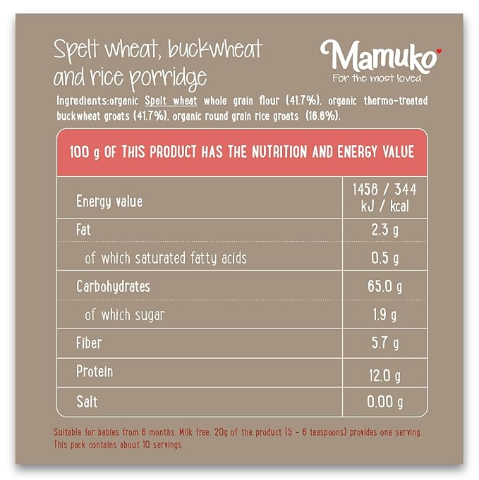 MAMUKO Organic Porridge - Healthy Porridge Blend of Spelt, Buckwheat & Rice - High Fiber Porridge with No Added Sugar, Milk & Preservatives - Organic Porridge Ideal for Toddlers - (200g & 10 Servings)