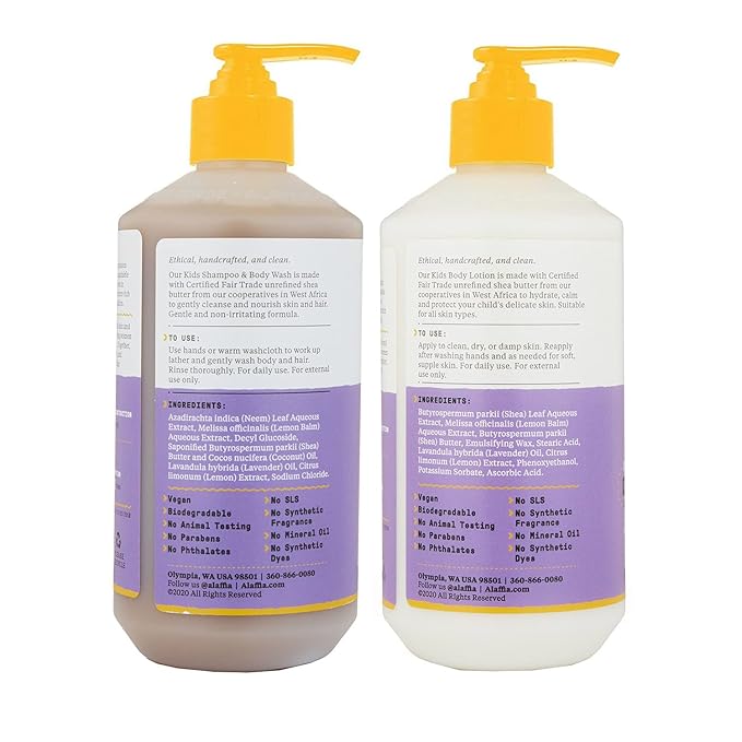 Alaffia Babies and Kids Shampoo & Body Wash (16oz) and Body Lotion (16oz) - Gentle Everyday Bath Essentials for Delicate Skin/Hair- Paraben & Sulfate Free - Natural Plant-Based Lemon Lavender Scent