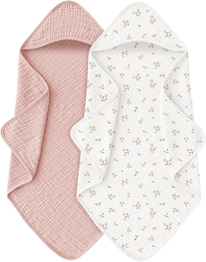 Muslin Baby Towels with Hood for Newborn 100% Cotton Baby Bath Towels Soft & Absorbent Hooded Baby Towel for Boys and Girls, Large Size - 32 * 32 Inches