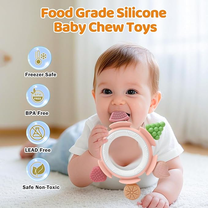 Baby Teething Ring Toy for 3-12 Months, Silicone Infant Teether for Sore Gum Relief, Soothing Sensory Chew Toy, Ideal Newborn Gift for Boys Girls Baby Shower, Birthday or Valentines Day, Pink
