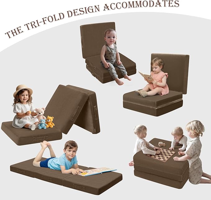 MeMoreCool Foldable Floor Mattress Kids Trifold Mat, Kids Folding Mattress Portable Futon, 57x22 Inch Coffee