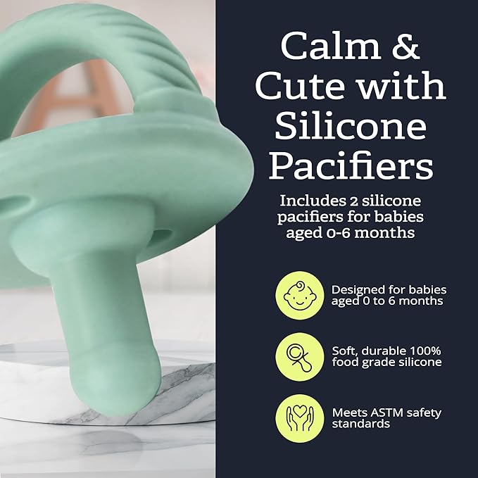 Itzy Ritzy Silicone Pacifiers for Newborn – Itzy Soother Pacifiers Feature Collapsible Handle & Two Air Holes for Added Safety – for Ages 0-6 Months, Set of 2 in Mint & White