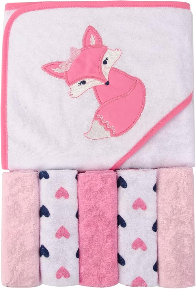 Luvable Friends Unisex Baby Hooded Towel with Five Washcloths, Foxy, One Size (Pack of 5)
