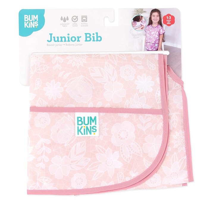 Bumkins Short Sleeve Bib for Girl or Boy, Toddler and Kids for 1-3 Years, Large Size, Essential Must Have for Junior Children, Eating, Mess Saving Soft Fabric Apron for Play, Lace Pink