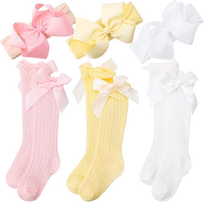 JATEBI Baby Girls Big Bow Headband and Knee High Socks Cute Bows Lace Soft Super Elastic Headband for Baby Girls Newborn Infant Toddlers