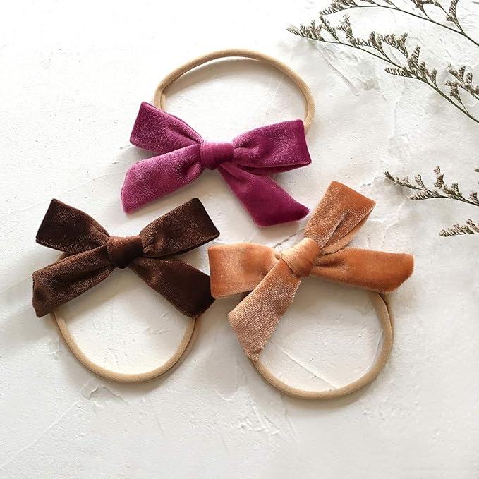 Cherssy Velvet Baby Bow Headbands, 10pcs Handmade Nylon Hairbands Red Green Hair Accessories for Newborn, Infant, Toddler, Baby Girls