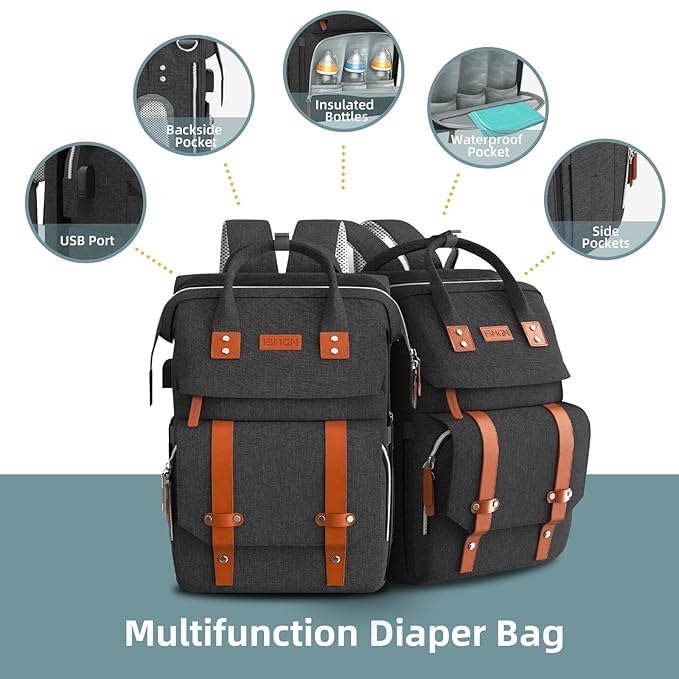 Diaper Bag Backpack with Changing Station, Large Diaper Bag, Baby Bag, Black Diaper Bag, Black