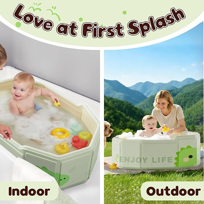 Collapsible Baby Bathtub for Shower, Portable Foldable Toddler Bath Tub with Non-Slip Base, Compact Travel Essentials for Kids & Infants, Easy Storage in Small Spaces, Dinosaur Pattern