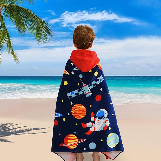 VOOVA & MOVAS Kids Hooded Towels Age 3-8, 30''X50,Soft | Thick | Absorbent Cotton Beach, Bath, Pool Towel | Wrap, Oversized for Boys Girls | Space Theme