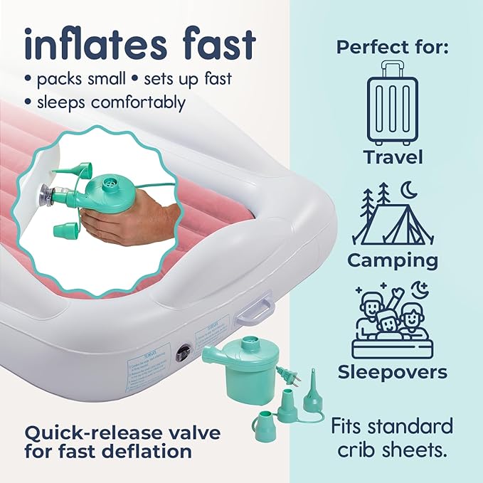 Hiccapop Inflatable Toddler Travel Bed with Safety Bumpers [4-Sided], Portable Toddler Bed for Kids, Toddler Air Mattress, Kids Air Mattress - Pink