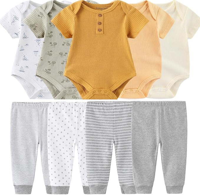 Kiddiezoom Baby Layette Set Baby Boys' 9-Piece Bodysuits Pants Set Toddler Girl Boy Unisex Baby Gift Sets