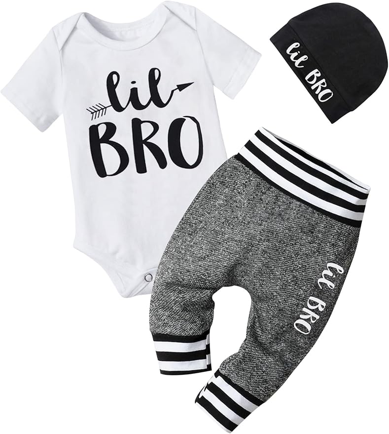 Fommy Newborn Baby Boy Clothes New to The Crew Letter Print Romper+ Pants+Hat 3PCS Outfit