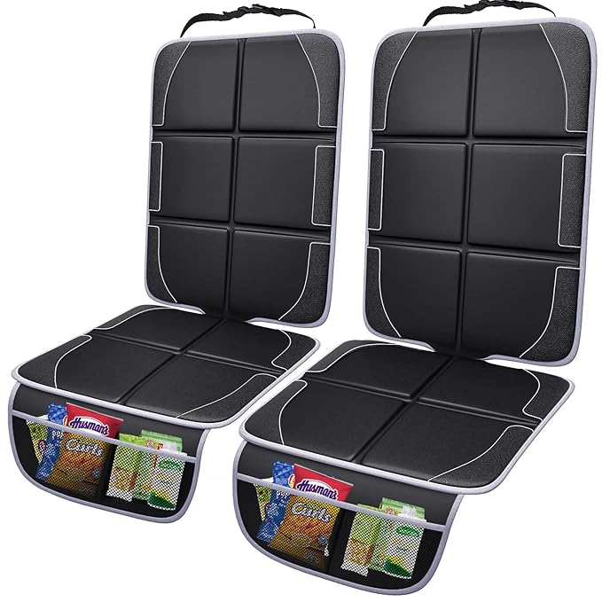 Gimars Car Seat Protector, 2 Pack, XL Thicken EPE Cushion Waterproof 600D Fabric Car Seat Cover for Child Car Seat with Nonslip Backing Mesh Pockets for Baby SUV Sedan Truck Leather Seats, Black-Gray