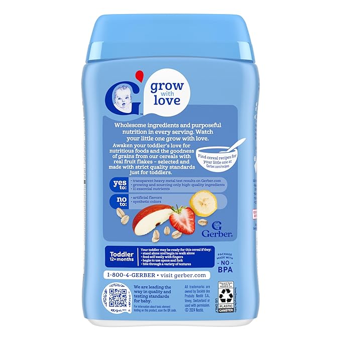 Gerber Toddler Food, Multigrain Banana Apple Strawberry Cereal, 8g Whole Grains, Iron, Zinc & Vitamin B12, Toddler Cereal, 12-Pack