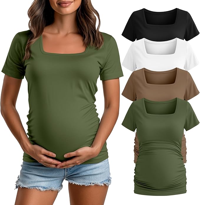 4 Pack Women's Maternity Shirts Cotton Square Neck Pregnancy Tops Side Ruched Summer Short Sleeve Tees Multipack