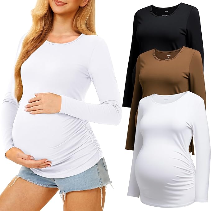 3 Pack Maternity Shirts Long Sleeve Pregnancy Top for Women with Crew Neck Casual Tee Shirts