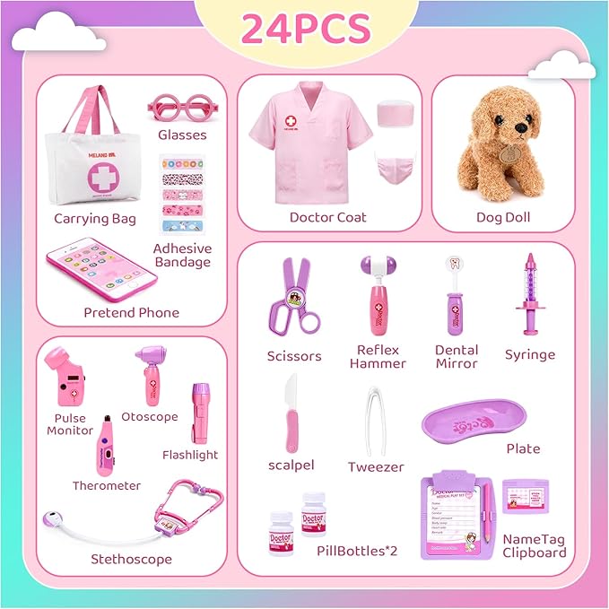 Meland Toy Doctor Kit for Girls, Pretend Play Toy Doctor Set with Dog , Carrying Bag, Stethoscope & Dress Up Costume Gift for Kids Toddlers Ages 3 4 5 6 Year Old for Role Play